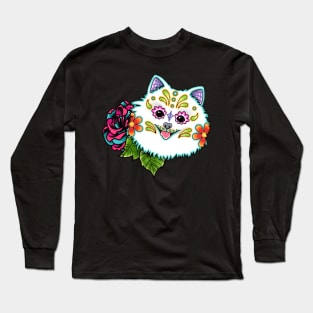 Pomeranian in White - Day of the Dead Sugar Skull Dog Long Sleeve T-Shirt